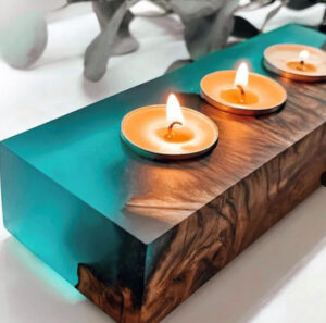 Epoxy candle holder with candles lit